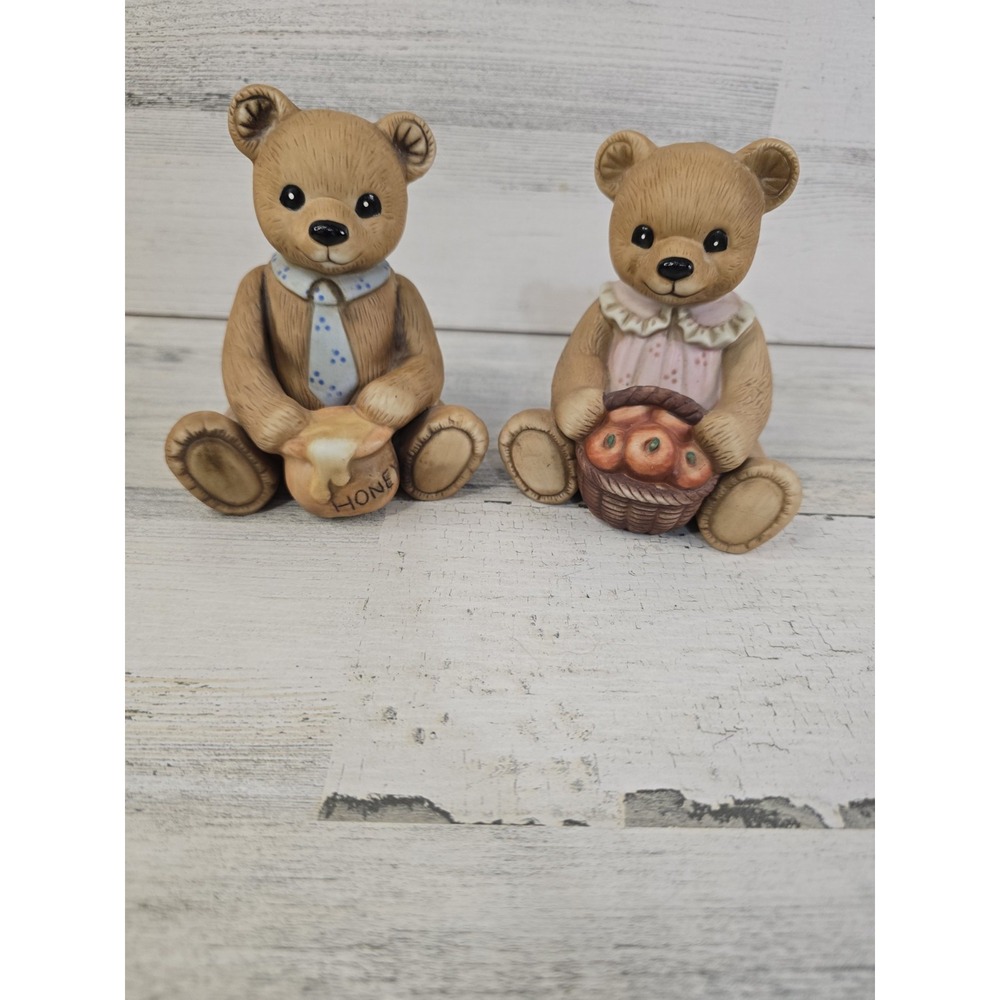 Vintage Ceramic Teddy Bear Figurines Set Honey Pot Apple Basket 1405 Marked 3.5"
